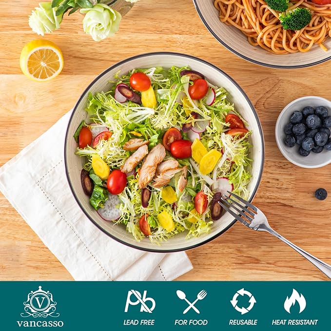 vancasso Bonbon Large Pasta Bowls Set of 6, 50 Oz Ceramic Salad Bowls, Wide and Shallow Bowls Set, Large Serving Bowls for Kitchen, Beige