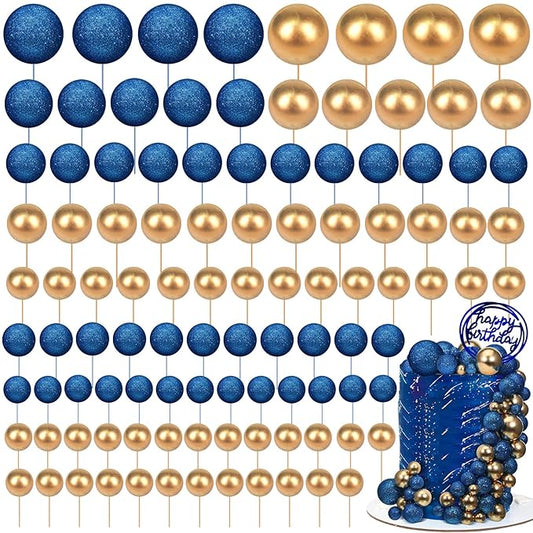 108 Pcs Balls Cake Topper DIY Cupcake Insert Foam Balloons for Cake Baking Wedding Anniversary Birthday Decoration(Bright Blue, Gold,Multi Sizes)