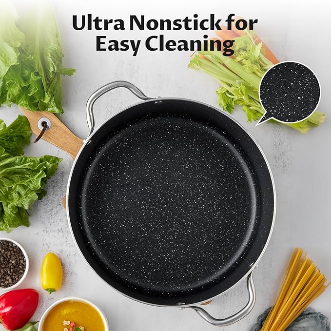 BEZIA 8 Quart Cooking Pot, Large Non Stick Induction Stock Pots with Lid, All Stove Compatible, 8 QT Aluminum Soup/Stew Pot For Families of 3–5, Grey