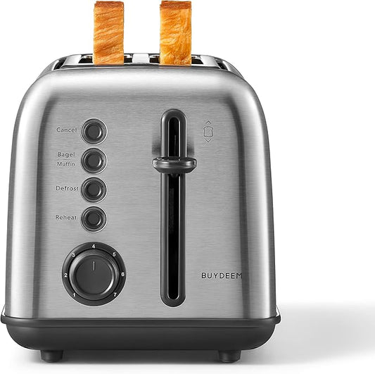 BUYDEEM DT620 2-Slice Toaster, Extra Wide Slots, Retro Stainless Steel with High Lift Lever, Bagel and Muffin Function, Removal Crumb Tray, 7-Shade Settings,Stainless Steel