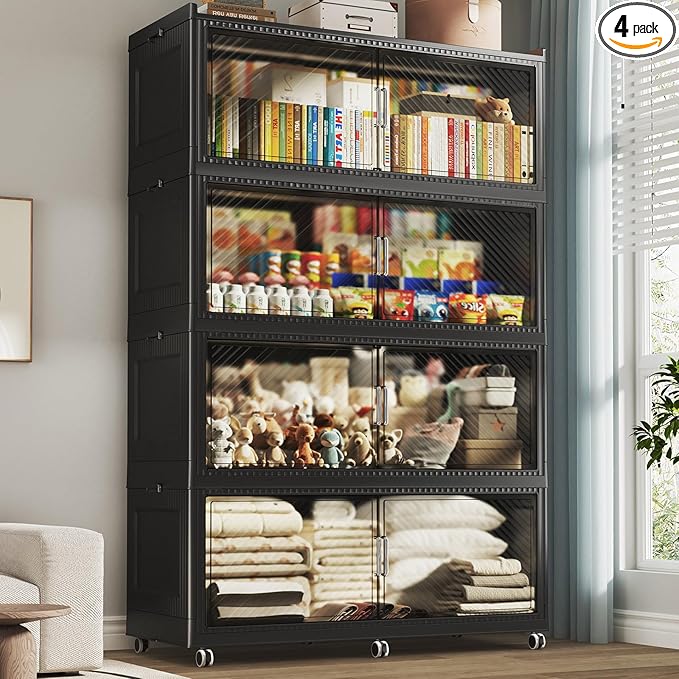 200GAL Extra Large Storage Bins with Lid, 800QT Plastic Stackable Storage Bins with 6x Wheels, Collapsible Closet Organizer and Storage Drawer Cabinet for Living Room Office Dorm, 4Pack Black