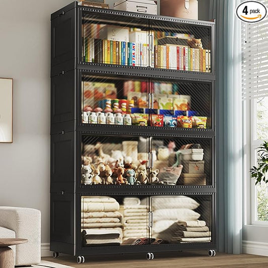 200GAL Extra Large Storage Bins with Lid, 800QT Plastic Stackable Storage Bins with 6x Wheels, Collapsible Closet Organizer and Storage Drawer Cabinet for Living Room Office Dorm, 4Pack Black