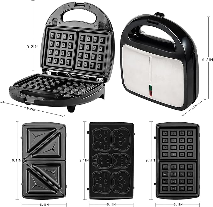 3-in-1 Sandwich,Waffle & Cute Animal Pancake Maker,Multifunctional Breakfast Machine Set with Removable Panel Non-Stick Plates for Grilled Cheese,Tuna Melts,Burgers,Steaks and Snacks,Home,Commercial