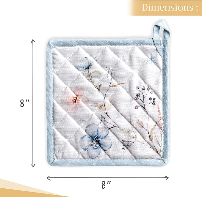 Maison d' Hermine Pot Holders 100% Cotton Heat Resistant Potholders 8" x 8" Hot Pads with Loop BBQ, Cooking, Baking, Grilling, Kitchen, Handling Hot Pans (Pack of 1, Ice Florals)