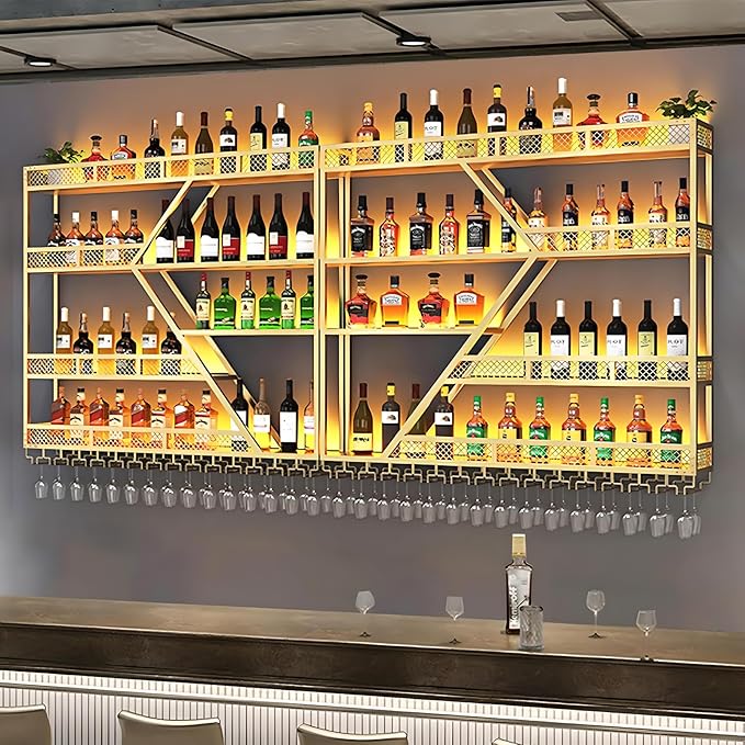 94.48in Metal Wine Rack Wall Mounted, Modern Wine Storage Rack Wall Mounted with Wine Glass Holder, Liquor Shelf, Bar Shelves for Liquor Bottles (4 Tiers Gold, 94.48 * 7.87 * 33.85INCH)