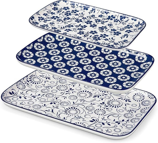 vancasso Serving Platters Set of 3, 16"/14"/12" Inch Rectangular Trays - Serving Platter Extra Large, Ceramic Serving Dish Microwave & Dishwasher Safe (Vintage Blue B)