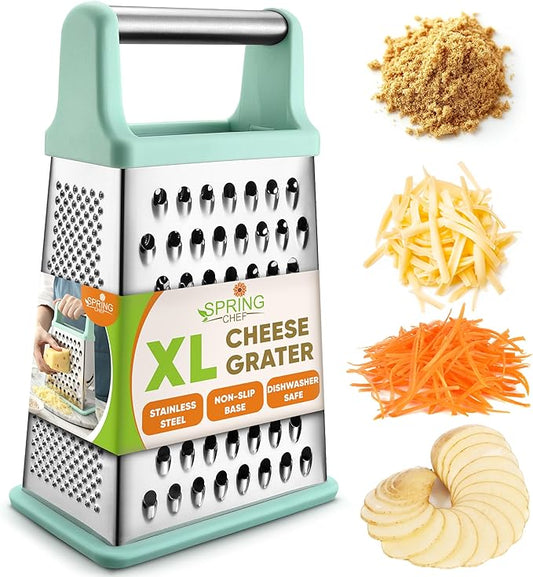 Spring Chef Professional Cheese Grater - Stainless Steel Box Grater for Kitchen, XL Size - Perfect 4 Sided Shredder for Parmesan Cheese, Vegetables, Ginger - Dishwasher Safe - Mint