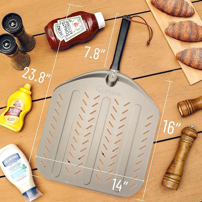 Q Pizza Perforated Pizza Peel 14", Non-stick Pizza Turning Paddle Pizza Oven Accessory, Extra Large Metal Pizza Spatula for Grill Oven Baking Bread Pastry Dough Pie Cake, Aluminium PT204