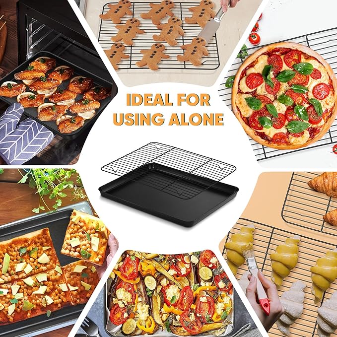 P&P CHEF Baking Oven Sheet Pan with Rack for Cookie, Nonstick Oven Tray and Cooling Rack for Baking & Roasting, Easy Clean, Black, 12.4 x 9.7 Inch