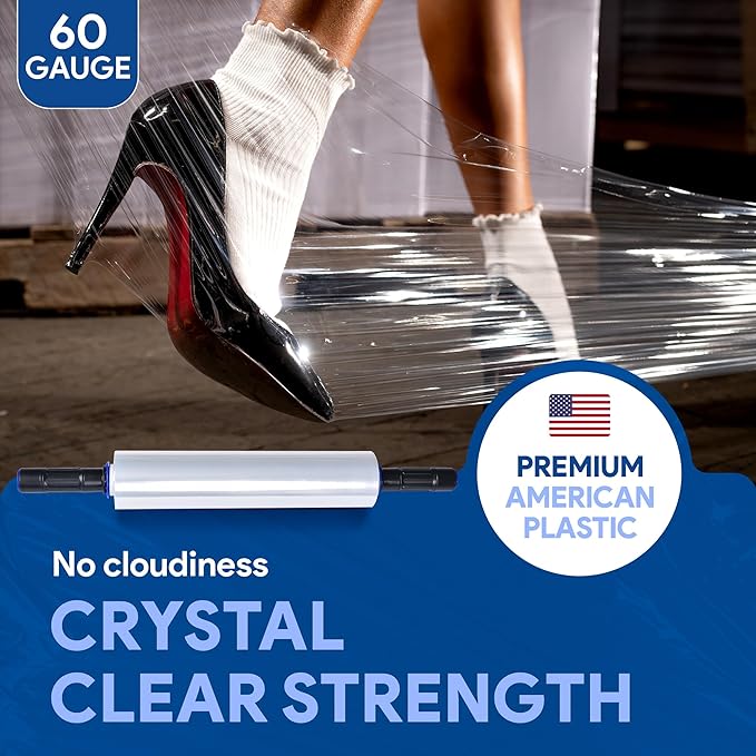 International Plastics Co. 15" Plastic Stretch Film Wrap with Extended Handles 1200ft Each 500% Stretch Clear Cling Durable Adhering Packing Moving Packaging Heavy Duty Shrink