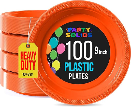 Exquisite Party Solids Orange Plastic Plates For Party 9" Orange Disposable Plates Heavy Duty Supplies 100 Pcs Plastic Dinnerware Sets Heavy Duty 350 GSM Disposable Dinnerware Set