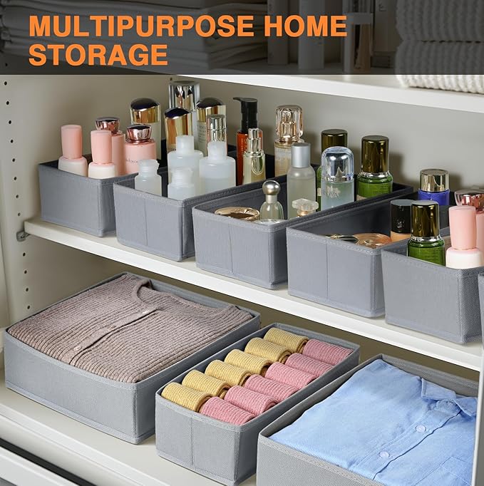 DIMJ Drawer Organizer Clothes, 15 Pack Underwear Organizer, Foldable Closet Bins, Sock Organizer Bra Cube, Fabric Dresser Box for Clothes, Bra, Socks, Tie (Grey)