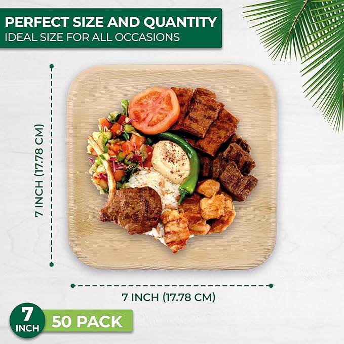Palm Leaf Disposable Plates - Bamboo Plates Disposable 7 Inch Square (50pc) - 100% Compostable & Biodegradable Plastic-Free Plates - Heavy-Duty, Party Dinnerware Set - Microwave & Oven Safe