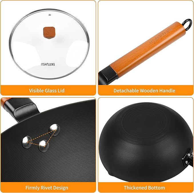 12.5-Inch Carbon Steel Wok with Lid – Pre-Seasoned Flat Bottom Stir-Fry Pan, Nonstick Wok for Induction, Gas, Electric & All Stovetops – Chinese Wok with Glass Lid