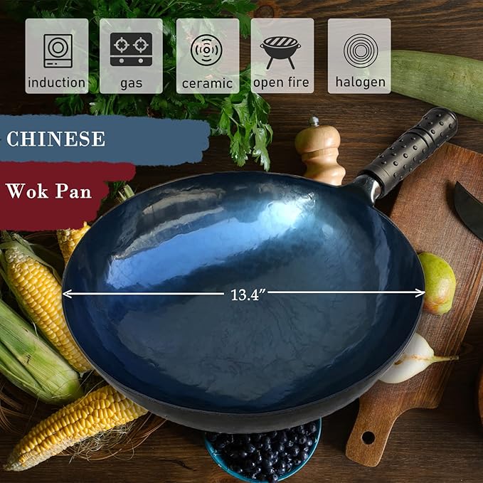 shuoguoleilei Chinese Hand Hammered Iron Woks Set, Non-stick No Coating Preseasoned Wok Blue Round Bottom Wok Pan For Electric, Induction and Gas Stoves （Blue Black-13）