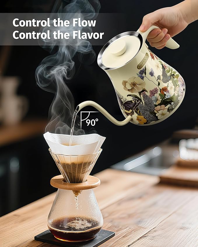 0.8L Gooseneck Electric Kettle, Precise Temperature Control for Pour Over Coffee & Tea, 1200W Fast Boiling Water, Auto Shut Off, Scheduling, Stainless Steel, Floral Painted Design