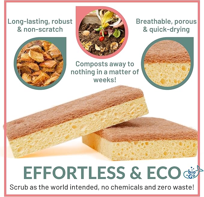 bioGo 24 Pack Biodegradable Kitchen Sponges - Eco-Friendly, Compostable, Natural Cellulose Dish Sponge - Biodegradable - Kitchen