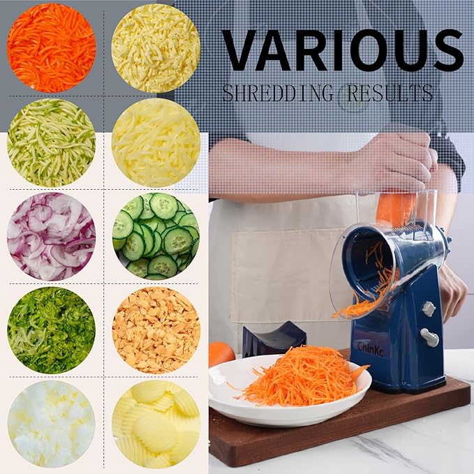 Rotary Cheese Grater Shredder - Upgraded 5 in 1 Cheese Grater with Handle and Strong Suction Base, Multi-purpose Julienne Slicer Ice Shaver Nuts Grinder for Ice, Vegetables, Fruit, Nuts