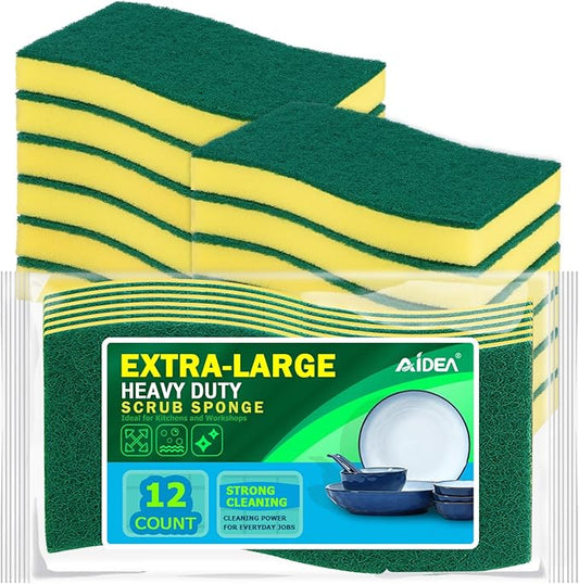 AIDEA Sponges Kitchen, XL Heavy Duty Dish Sponge, Cleaning Dish Scrubber Sponge for Home and Kitchen, Extra Large Cleaning Supplies for Pots, Pans, 12 Pack