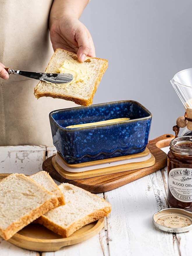 Ceramic Butter Dish with Lid, Covered Butter Dish for Countertop, Airtight Butter Holder Crock with Airtight Seal, HoneyBee Kitchen Decor, Blue