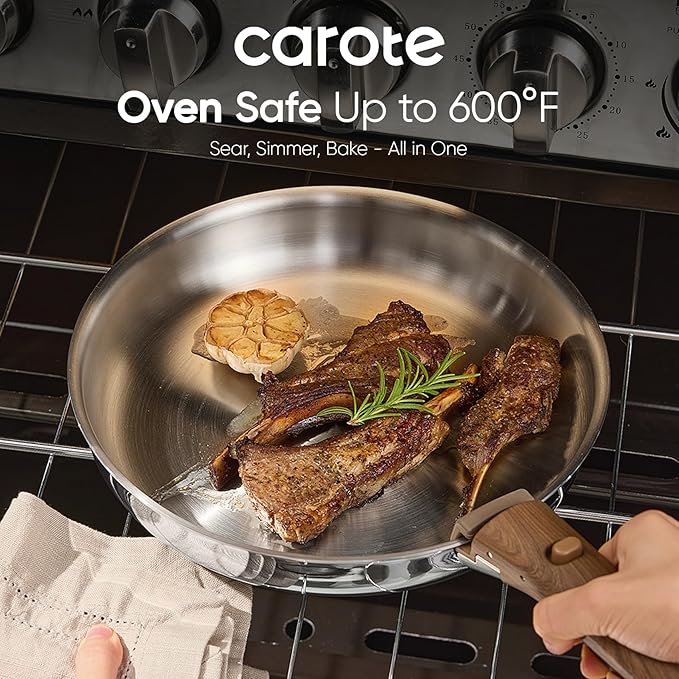 CAROTE 19pcs Stainless Steel Cookware Set with Detachable Handle, Pots and Pans Set, Induction Kitchen Cooking Sets, RV/Camping Cookware, Removable Handle, Oven Safe, Woodgrain