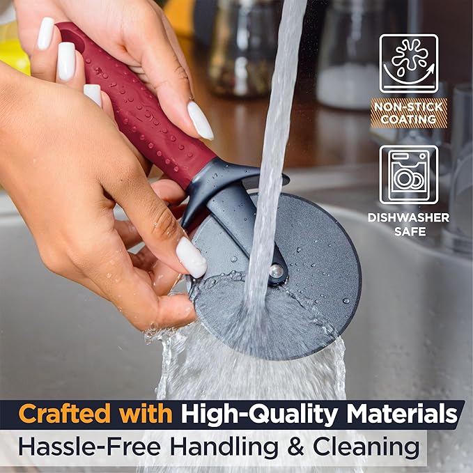 Deiss Lux Heavy Duty Pizza Cutter With Wheel Slicer- Stainless Steel Sharp Smooth Pizza Cutter Wheel With Easy Grip Non-Slip Handle, Dishwasher Safe (RED)