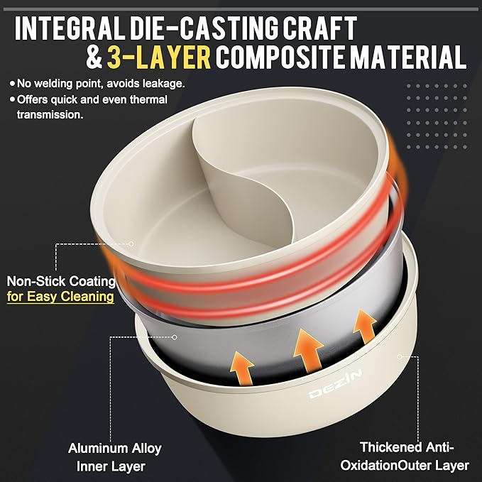 Dezin Hot Pot Electric with Divider, 6L Double-Flavor Shabu Shabu Pot, Dual Sided Removable Non-Stick Hotpot Pot Electric, 3" Depth Chinese Hot Pot with Multi-Power Control, 2 Silicone Ladles Included