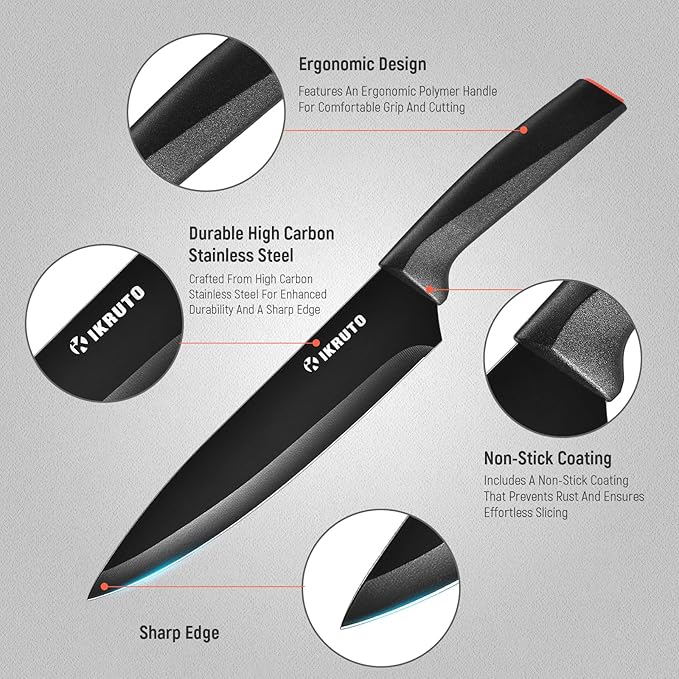 15-Piece Professional Kitchen Knife Set with Block – Built-in Sharpener, Anti-Slip Handles, Non-Slip Base – Effortless Cooking Tools for Chefs & Home Cooks (Black Red)