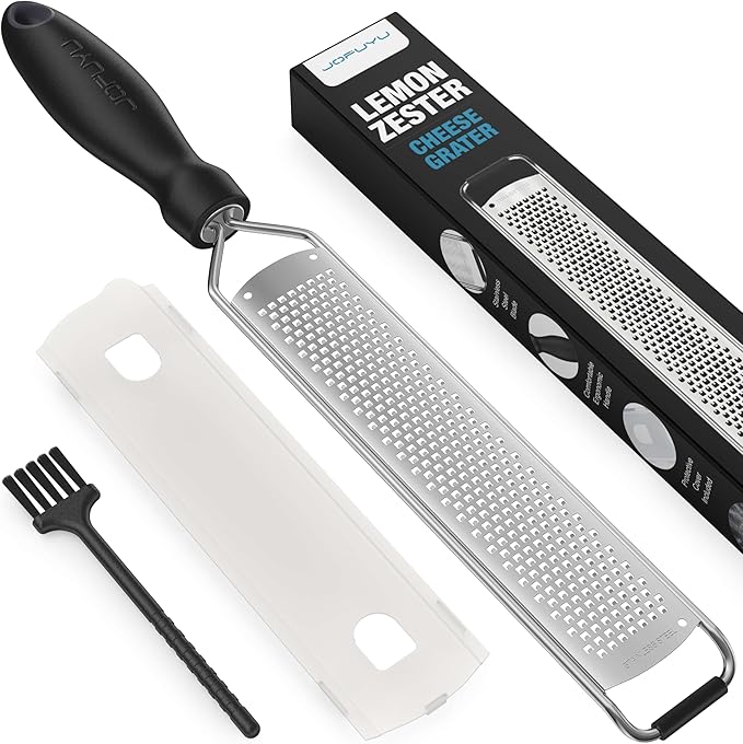 Premium Lemon Zester Grater with Handle, Ultra Sharp Stainless Steel Blade for Cheese, Citrus, Ginger, Garlic & Chocolate, Non-Slip Grip, Safety Cover & Cleaning Brush