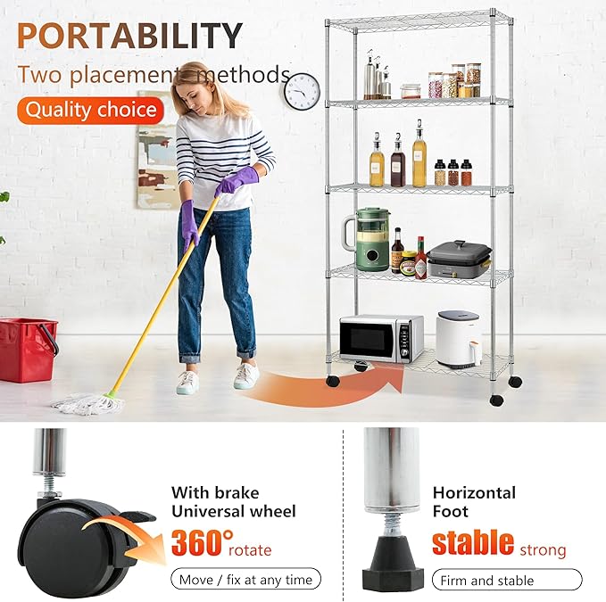 FDW Adjustable Storage Rack Wire Shelf with Wheels - 5 Tier Metal Shelves for Small Spaces - Easy Assembly, Chrome