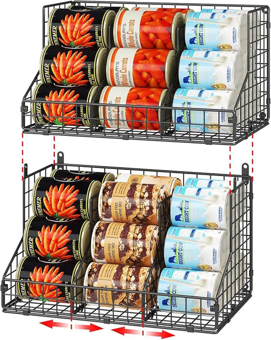 2 Pack Stackable Can Rack Organizer for Pantry Storage,Can Dispensers with 4 Adjustable Dividers, 2-Tier Metal Wire Basket Beverage Pop Soda Rack for Kitchen Cabinet Pantry, Black