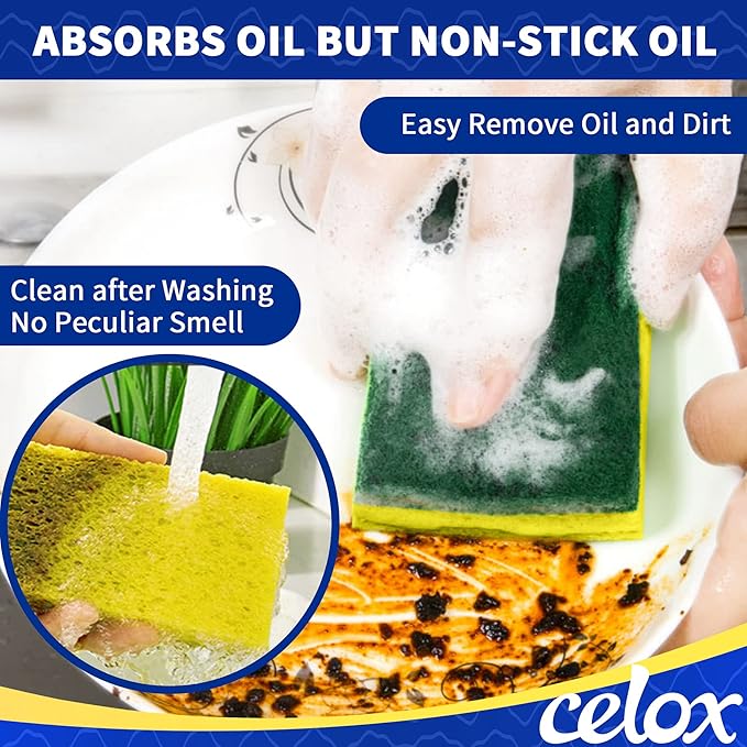 CELOX 24 Pack Dish Sponge for Kitchen, Dual Sided Scrub Sponge Heavy Duty, Non-Scratch Sponges Perfect for Kitchen Dishwashing and Household Cleaning, Highly Absorbent and Easy to Dry for Reuse