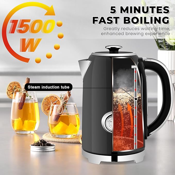 SUSTEAS Electric Kettle Temperature Control - 57oz Hot Water Boiler with Thermometer, 1500W Fast Heating Stainless Steel Tea Kettles, Cordless LED Indicator, Auto Shut-Off & Boil Dry Protection,Black