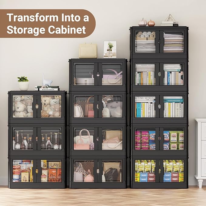 115Qt Stackable Storage Bins with Individual Lids & Wheels, Large Plastic Collapsible Latching Boxes Closet Organizers and Storage Cabinet Shelves Units for Home Kitchen Dorm, 1-Pack Black