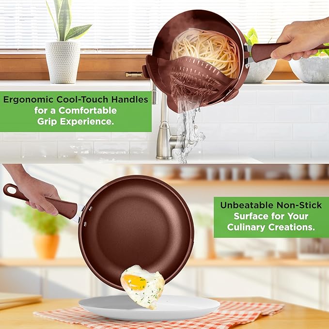 NutriChef 20 Piece Professional Home Kitchen Cookware and Bakeware, Pots and Pans Set Non Stick Kitchenware, Cool-Touch Handles, Safe for Gas, Electric, Induction Cooktops, Easy Clean, Brown