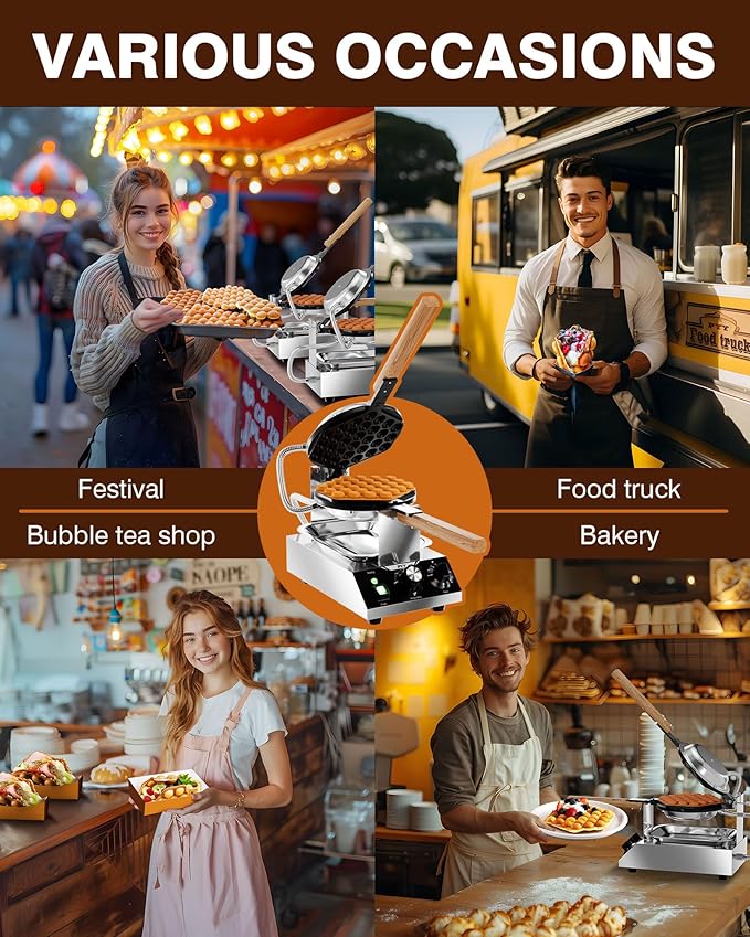 PYY Bubble Waffle Maker - Commercial Egg Puff Waffle Iron Machine, 180° Rotating, Non-stick Coating, 1500W Hong Kong Electric Stainless Steel, 122-482℉, 30 Egg Cones