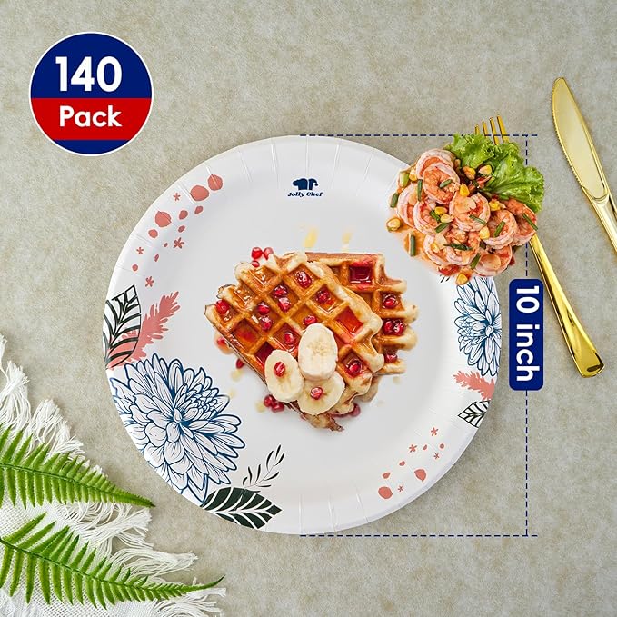 JOLLY CHEF 𝟭𝟰𝟬 𝗖𝗼𝘂𝗻𝘁 𝗣𝗮𝗽𝗲𝗿 𝗣𝗹𝗮𝘁𝗲𝘀 𝟭𝟬 𝗶𝗻𝗰𝗵 Soak Proof, Cut Proof, Heavy Duty Flower Printed Disposable Paper Plates for Everyday Use