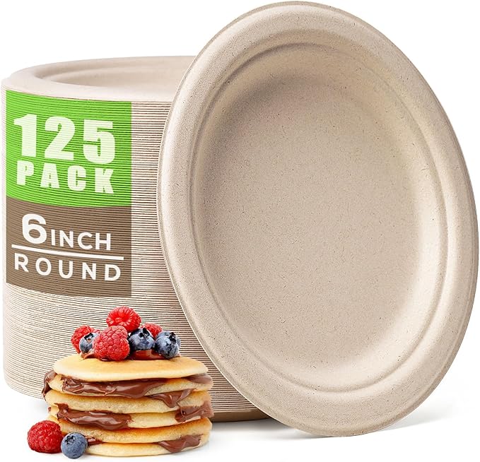 Gezond Compostable Small Paper Plates 6 Inch 125 Pack Dessert Plates Disposable Heavy-duty Made of Sugarcane Fiber