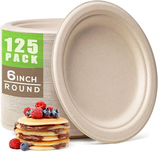 Gezond Compostable Small Paper Plates 6 Inch 125 Pack Dessert Plates Disposable Heavy-duty Made of Sugarcane Fiber
