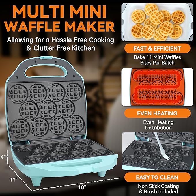 Baker's Friend, Bite-size Mini Waffle Maker for Kids & Adults, Small Waffle Maker Mini Belgian Waffle Machine, 11 X 2.2” Tiny Nonstick Waffles Iron, Recipe Included, Aqua