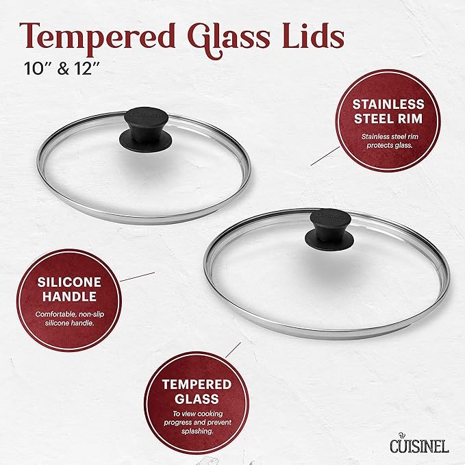 Glass Lids Set - 10" + 12"-Inch / 25.4cm+30.48cm / 264mm + 308mm - Compatible with Lodge Cast Iron - Fully Assembled Tempered Replacement Cover - Oven Safe for Skillets Pots Pans: Universal Cookware