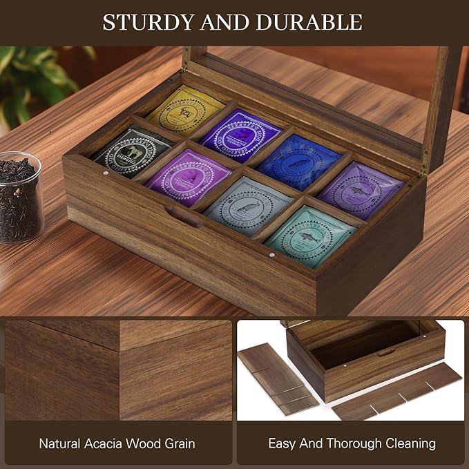 Acacia Wood Tea Bag Organizer, 8 Compartments Tea Box Organizer Storage Box, Teabag Holder Organizers with Clear Acrylic Window, Magnetic Lid and Removable Dividers