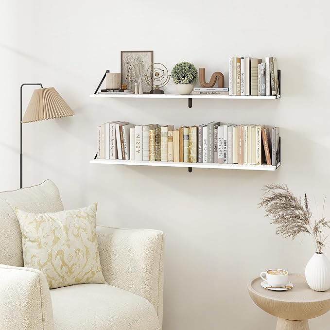 Heimlove White Deep Floating Shelves for Wall, 40W x 8D Wood Wall Shelves Set of 2, Wide Floating Bookshelf for Living Room, Kitchen, Office, Bedroom and Decor Storage, with Black Bracket - White