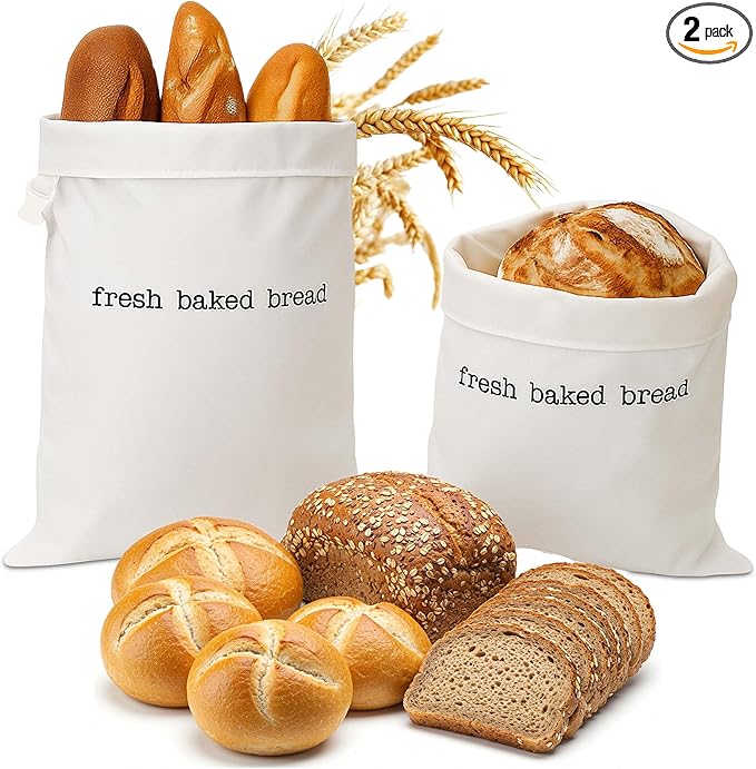 Reusable Bags for Homemade Bread Storage (2-Pack) - 13"W x 18"H - Plastic Fresh Bread Storage Bags - Metal Zipper & Buckle - Freezer Safe Bag, Machine Washable Sourdough Bag