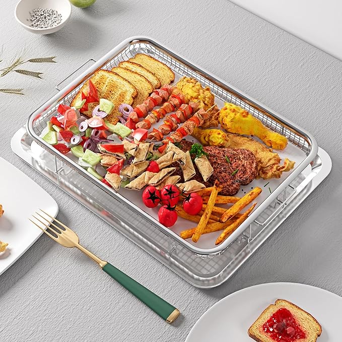 Air Fryer Basket for Oven, OPENICE 15.6" x 11.6" Large Air Fryer Tray and Pan with 30PCS Parchment Papers, Stainless Steel Oven Air Fryer Basket and Tray for Baking Grilling