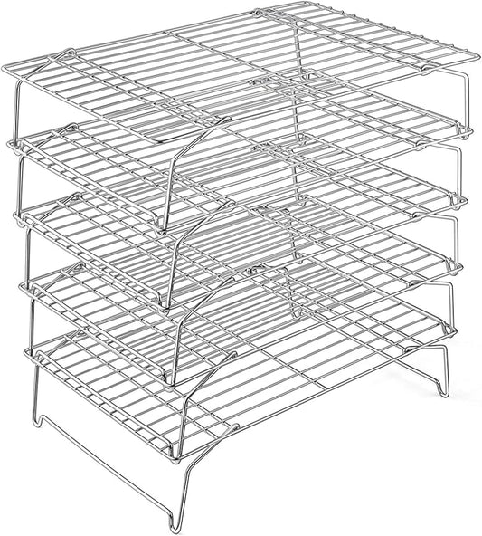 P&P CHEF Cooling Rack, 5-Tier Stainless Steel Stackable Baking Cooking Racks for Cooling Roasting Grilling, Collapsible & Heavy Duty, Oven Safe & Easy Clean, 15" x 10", Silver
