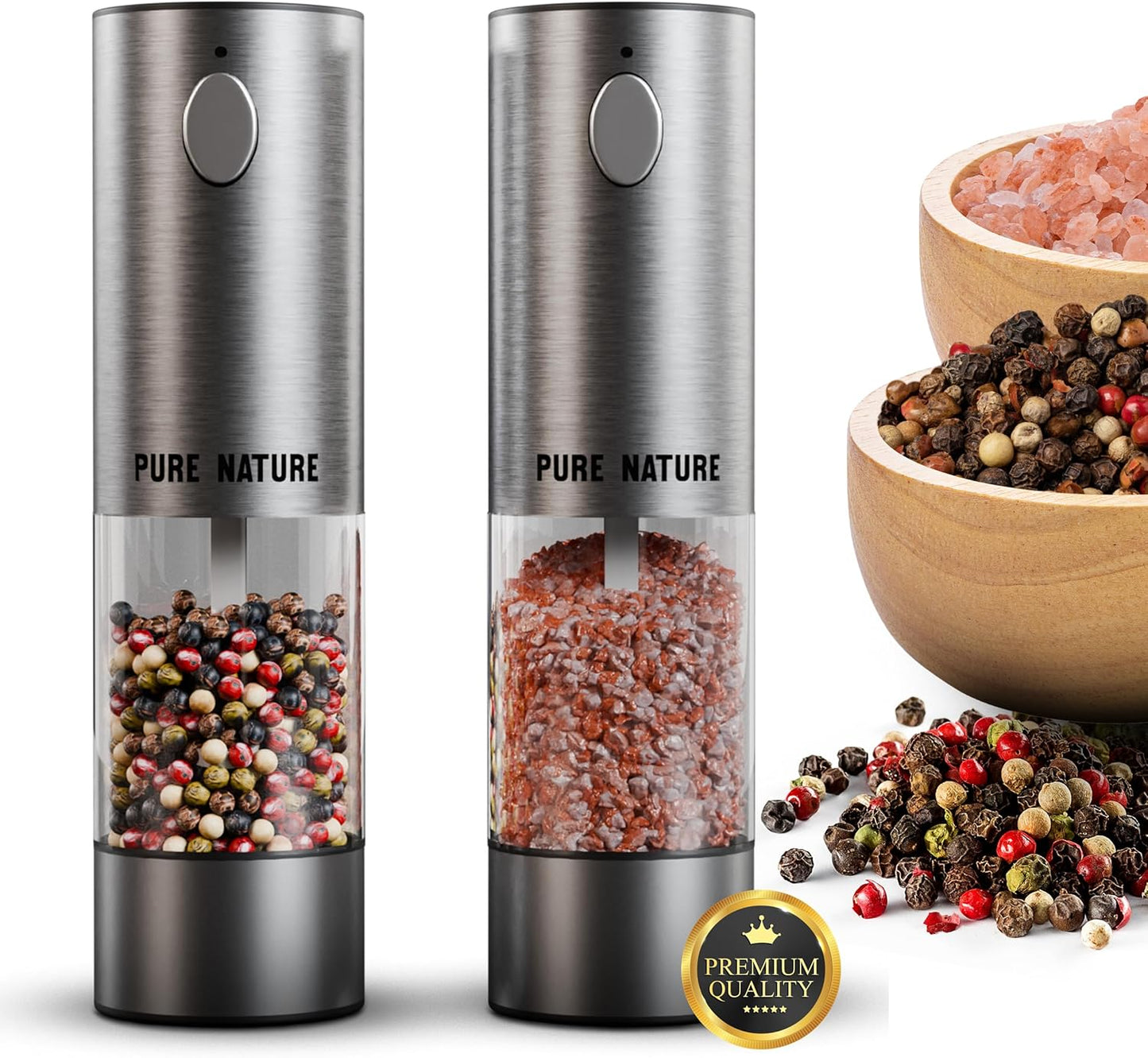 Pure Nature Salt and Pepper Grinder Set with rechargeable base. Premium Stainless Steel up-graded larger capacity with LED Lights, 5 Adjustable Coarseness, Refillable, Type-C Fast Charging.