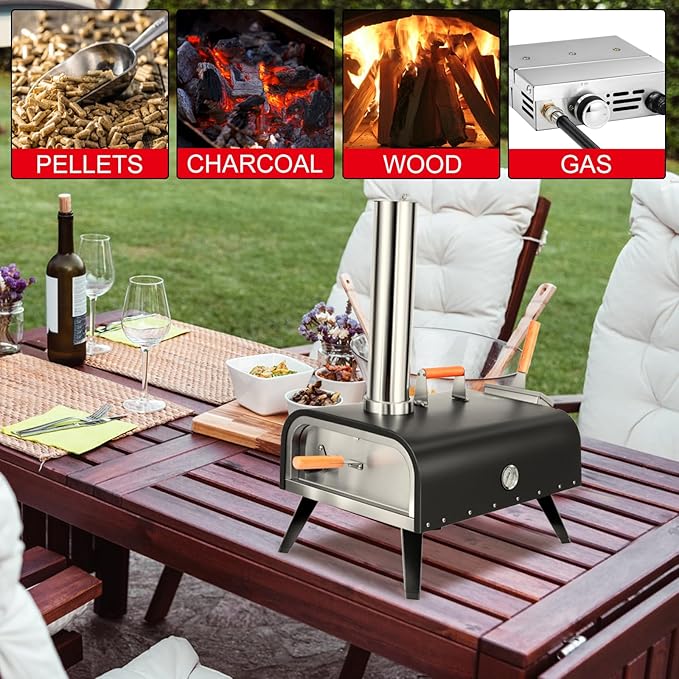 EDOSTORY Outdoor Wood Fired Gas 12'' Pizza Oven Multi-Fuel, Gas Burner, Wood Tray, Portable, Oven Grill, Outside, Backyard, Pizza Maker, oven gloves, Peel, Cutter (Gas Fire)