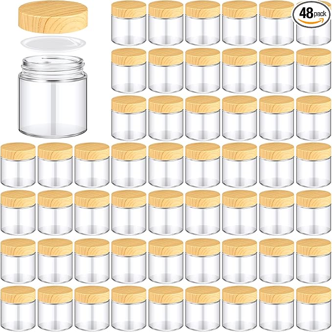 Norme 48 Pcs 4 oz Glass Jars with Lids Empty Small Glass Containers and Inner Liners Reusable Cosmetic Jars Round Airtight Bottles with Plastic Woodgrain Lids for Travel