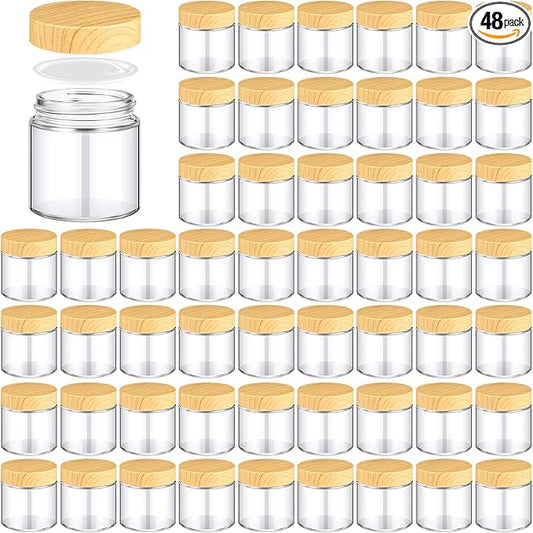 Norme 48 Pcs 4 oz Glass Jars with Lids Empty Small Glass Containers and Inner Liners Reusable Cosmetic Jars Round Airtight Bottles with Plastic Woodgrain Lids for Travel